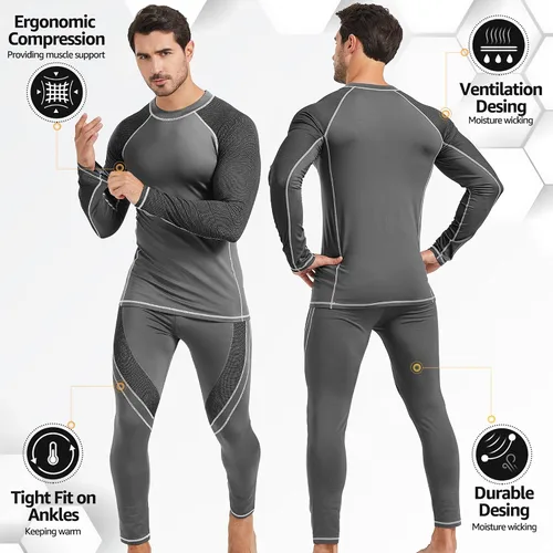 Vista 2 de UNIQUEBELLA Conjunto de ropa interior térmica para hombre, parte superior larga, forro polar, secado rápido, capa base térmica