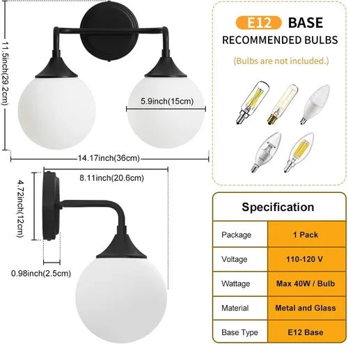 Vista 2 de Accesorios de Iluminación para Baño Negros, Iluminación Moderna de Tocador Sobre Espejo, Aplique de Pared Negro Mate Moderno de Mediados de Siglo