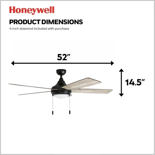 Vista 3 de Honeywell Ventiladores de techo Ventnor, ventilador de techo LED para interiores de 52 pulgadas de estilo granja moderna con luz, interruptor