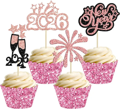 Vista 11 de 24 piezas de adornos para cupcakes de Feliz Año Nuevo 2026 de oro con purpurina, celebra el 2026, adornos de cupcakes para la víspera de Año Nuevo