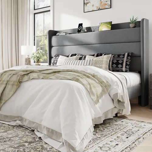 Vista 11 de Allewie Estructura de Cama Tapizada Tamaño Full con Estación de Carga y Cabecera con Almacenamiento, Cama Plataforma de Terciopelo Suave