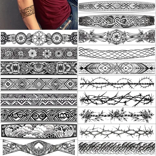 Vista 5 de GLARYYEARS Tatuaje Temporal de Banda para el Brazo - Paquete de 18 Tamaño Súper Largo, Tatuajes Falsos Realistas y Bohemios Estilo Polinesio Maorí