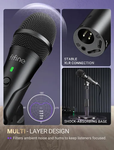 Vista 8 de FIFINE - Micrófono dinámico USB/XLR para grabación de podcast, juego de micrófono de mano de estudio con soporte de escritorio para voz, voz en off