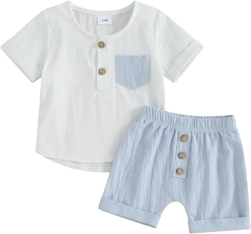 Vista 85 de Conjunto de ropa casual de manga corta con botones y pantalones cortos de lino para bebés y niños pequeños