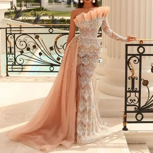 Vista 2 de Vestido de cóctel de manga larga con volantes y hombros descubiertos para mujer, con lentejuelas y cuentas de sirena, plisado, vestido largo formal