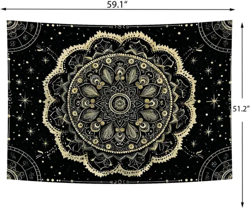 Vista 6 de Delur Tapiz de mandala negro y dorado, astrología, espacio, hippie bohemio, medallón floral, tapiz para colgar en la pared, estético, cabecero