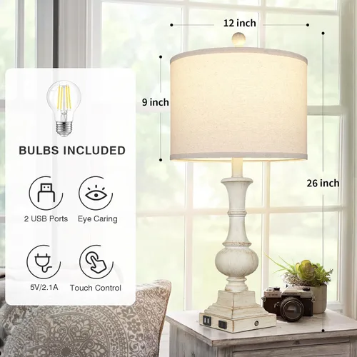 Vista 3 de 26" Farmhouse Table Lamp, Vintage Rustic Touch Control Bedside Lamp with 2 USB Ports & AC Outlet, Boho Resin 3-Way Dimmable Nightstand Lamp Linen