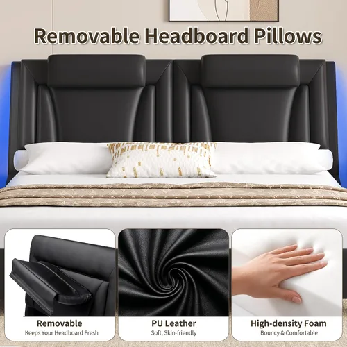Vista 6 de Keyluv Armazón de cama moderno tapizado con plataforma con cabecera LED ajustable y diseño de curva ondulada y soporte de listones de madera sólida