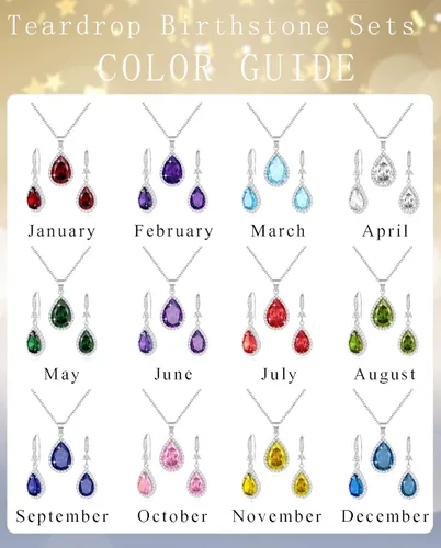 Vista 6 de Sumonyo Juego de joyas para mujer, collar con colgante de lágrima chapado en plataoro, aretes colgantes, juegos de piedras natales, diamantes