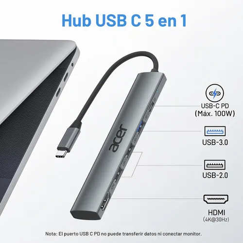 Vista 2 de Acer Hub USB C 5 en 1 con HDMI 4K, entrega de energía de 100 W