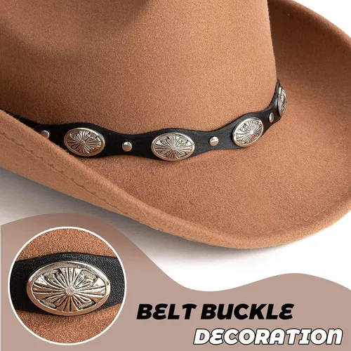 Vista 6 de Lisianthus Sombreros de fieltro de ala ancha para hombre y mujer, estilo vaquero occidental, con cinturón