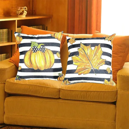 Vista 2 de Juego de 2 fundas de almohada de calabaza otoñal de 18 x 18 pulgadas, fundas de almohada decorativas de otoño a rayas de arce para sofá