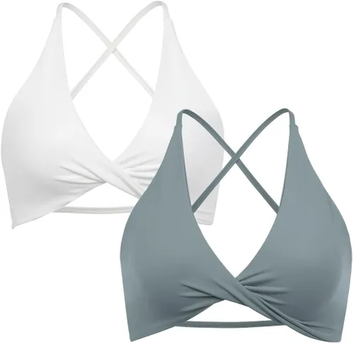 Vista 2 de SUUKSESS Sujetador deportivo de 2 piezas para mujer, con espalda abierta, con tirantes delgados, cuello en V, para entrenamiento