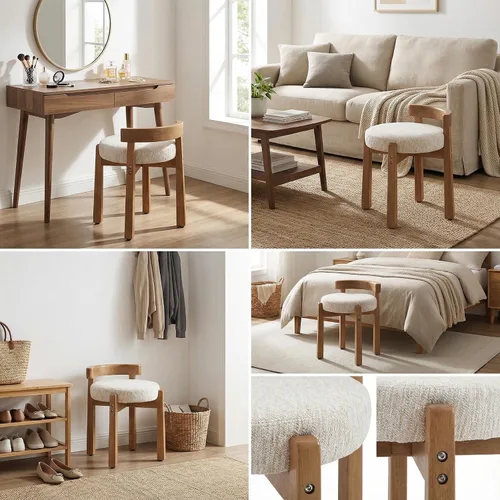 Vista 8 de DUOMAY Taburete de tocador de felpilla beige con respaldo bajo, altura del asiento de 18.75 pulgadas, otomana redonda tapizada, patas de goma