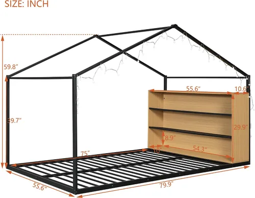Vista 2 de Cama juguetona en forma de casa de tamaño matrimonial con estantes y luces, marco de cama de metal con techo para niños, adolescentes y adultos, un