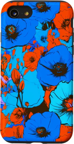 Vista 13 de Funda para iPhone 14 Pop Art Retro Floral Cobalto Azul Naranja Diseño de Flores