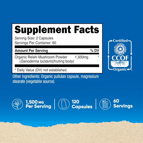 Vista 2 de Nutricost Cápsulas de hongos Reishi de 1500 mg, 60 porciones – Certificado CCOF fabricado con hongo Reishi orgánico, vegetariano, sin gluten, 750 mg