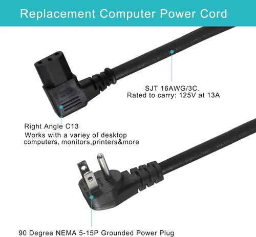 Vista 2 de [Paquete de 2] Cable de alimentación para computadora de 90 grados, enchufe plano de perfil bajo de 1 pie a cable de alimentación IEC C13 en ángulo