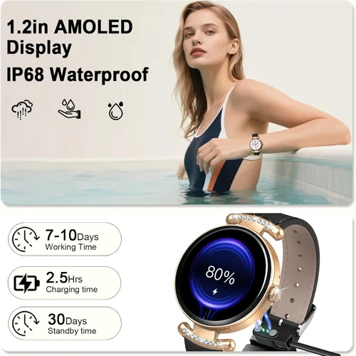 Vista 5 de Relojes inteligentes para mujer, Android IOS, pantalla AMOLED ultra clara de 1.2 pulgadas, rastreadores de actividad física con llamada Bluetooth