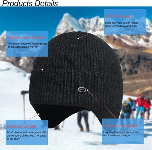 Vista 13 de Gorros de invierno para hombre, para exteriores, elásticos, de punto, con orejeras, resistentes al viento