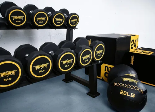 Vista 4 de ToughFit Decagon - Juego de mancuernas negras con revestimiento PEV, pesas libres con mango de hierro moleteado antideslizante en pares