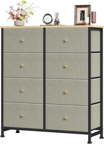 Vista 31 de Sweetcrispy Cómoda para dormitorio, cómoda de tela con 8 cajones, cómoda para armario, sala de estar, marco de acero resistente, parte superior
