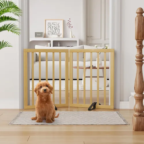 Vista 23 de Semiocthome Puertas de bambú para perros para interiores, puertas independientes de 2 paneles para cachorros para la casa con 2 soportes de metal