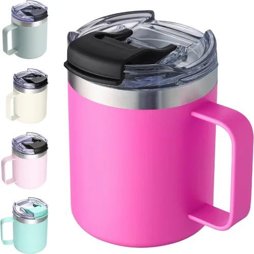 Vista 28 de Taza de café aislada de 12 onzas con asa, taza de café de viaje de acero inoxidable con tapa abatible, vaso de café de doble pared con aislamiento