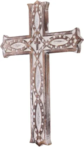 Vista 2 de S.B.ARTS Crucifijo de pared de madera cristiana hecho a mano, diseño antiguo, crucifijo de pared colgante con tallas de mano, cruz colgante