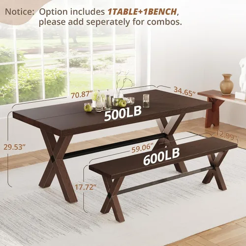 Vista 2 de LUE BONA Mesa de comedor de 71 pulgadas y banco de comedor de 59 pulgadas, banco de mesa rectangular de madera maciza resistente para cocina, hogar