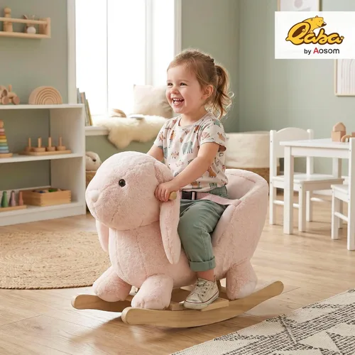 Vista 2 de Qaba Caballo mecedor para bebé, conejo de peluche con sonido simulado, base de madera, cinturón de seguridad, mecedora de relleno para niños de 18 a