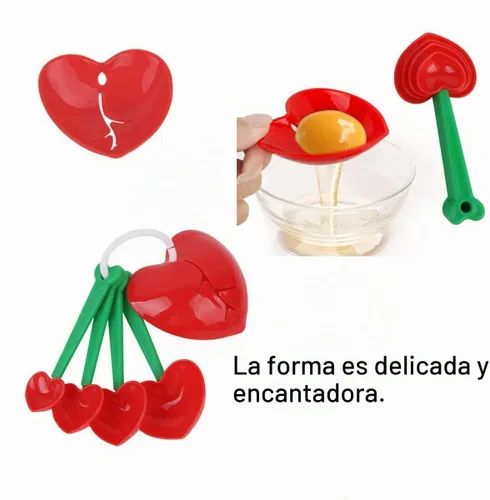 Vista 4 de Cucharas medidoras de cereza, 2 cucharaditas medidoras de plástico con forma de corazón, juego de cucharas medidoras de plástico para líquidos