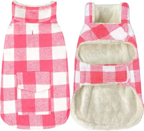 Vista 8 de Malier Chaqueta clásica de forro polar a cuadros con bolsillo, abrigo cálido a prueba de viento para perro, chaleco de invierno para mascotas, ropa