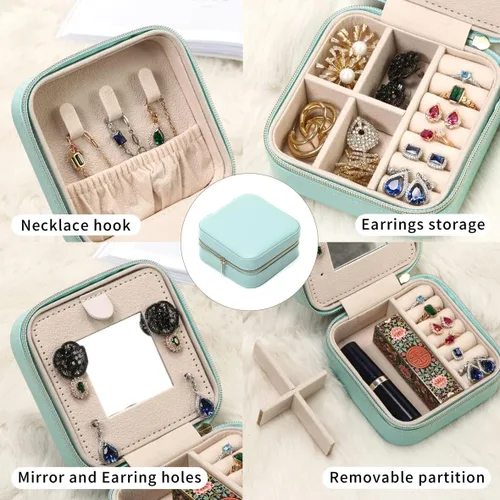Vista 5 de TRODANCE Estuche de viaje para joyas con espejo, pequeño organizador de joyas de viaje, caja de joyería portátil, mini organizador