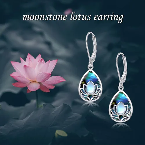 Vista 6 de Aretes de flor de loto 925 plata de ley 925 con diseño de loto azul, aretes colgantes con cierre de palanca, regalo de joyería para mujer