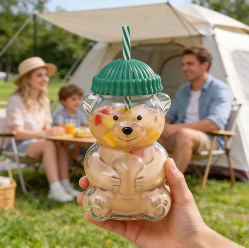 Vista 2 de Vaso con popote de vidrio con diseño de oso – Lindo vaso de vidrio reutilizable para batidos, café helado, cócteles de café helado (2, verde)