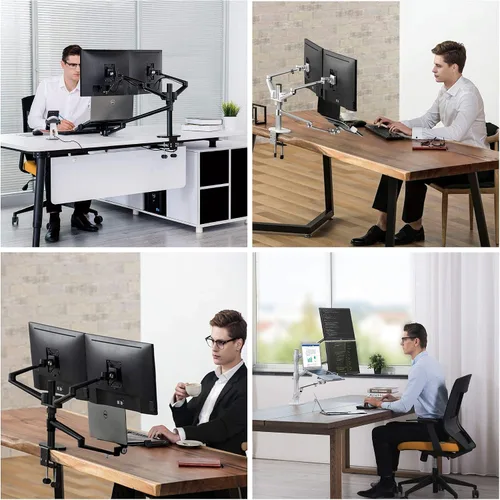 Vista 3 de Soporte de monitor para laptop de altura ajustable, compatible con portátiles de 13 a 17.3 pulgadas, capacidad para 2 monitores de 11 a 27 pulgadas