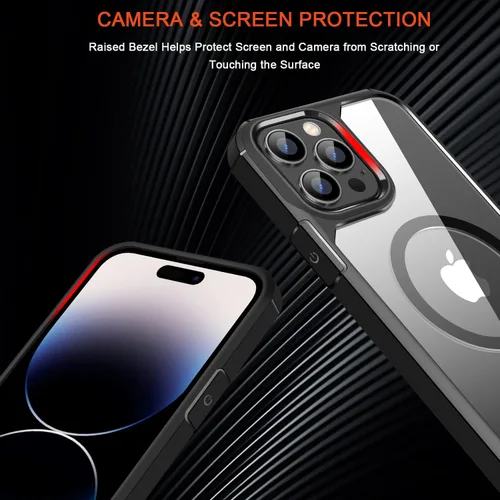 Vista 5 de TENDLIN Funda magnética compatible con iPhone 14 Pro Max [compatible con MagSafe] funda protectora transparente de parte trasera dura suave (negro)