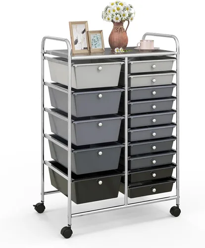Vista 16 de Carrito de almacenamiento rodante de 15 cajones, carrito de utilidad móvil con ruedas con candado, cajones, carrito organizador multiusos para Negro