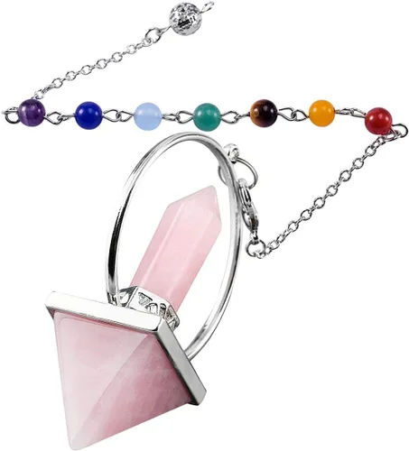 Vista 6 de Nupuyai Péndulo de punto de cristal curativo piramidal con 7 cuentas de piedra de chakras para radiestesia, adivinación y meditación Reiki