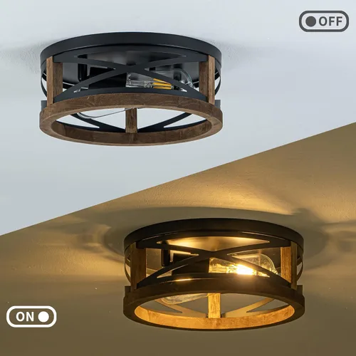 Vista 8 de Lámpara de Techo Estilo Granja, Lámpara de Techo Empotrada Redonda de 2 Luces con Marco de Madera y Metal, Luminaria Rústica Negra para Pasillo