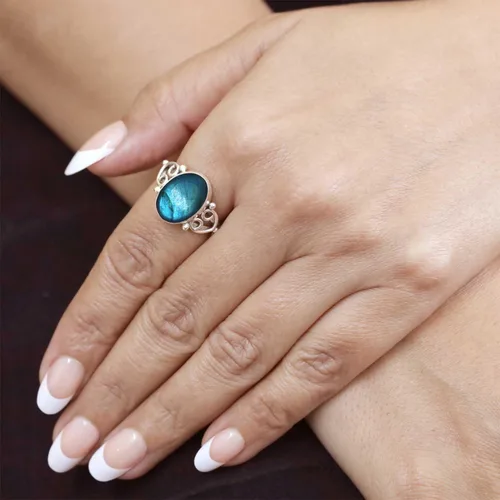 Vista 3 de Boho - Anillo de plata de ley 925 con piedras preciosas naturales de cuarzo rosa, perla, ámbar, lapislázuli ovalado