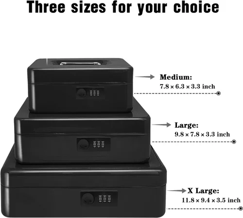 Vista 3 de Caja de efectivo de acero seguro con cerradura de combinación y bandeja extraíble, organizador de dinero de metal para uso doméstico y oficina