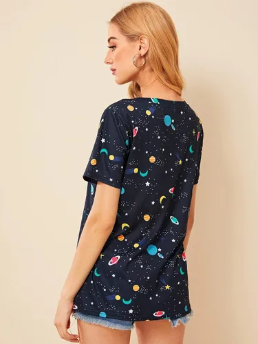 Vista 2 de Romwe Camiseta de manga corta con estampado de frutas para mujer
