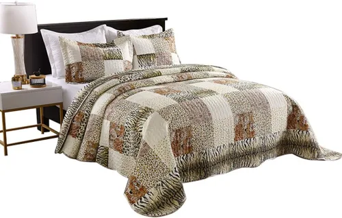 Vista 2 de MarCielo Juego de colcha acolchada de 3 piezas con estampado de leopardo, ropa de cama, manta con estampado de animales, juego de colcha de guepardo