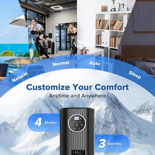 Vista 2 de Electactic Ventilador de torre para dormitorio, ventilador de pie de 25 pies/s, ventilador oscilante de 85° con control remoto, 3 velocidades, 4