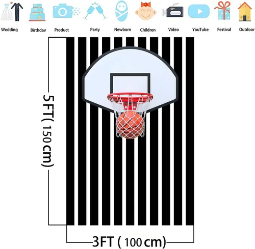 Vista 2 de Telón de fondo fotográfico de baloncesto de 5x3 pies, tapiz de pared deportivo, fondo de fotografía de zapatillas con rayas blancas y negras