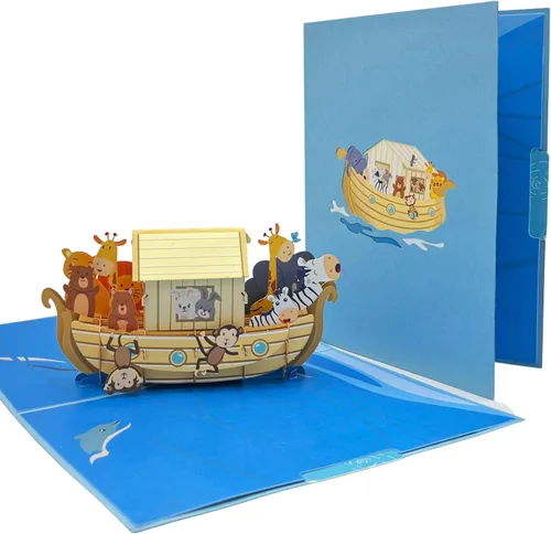 Vista 2 de Tarjeta de felicitación desplegable de animales de dibujos animados, barco, aventura, viaje, regalo para niños, cumpleaños, agradecimiento, familia