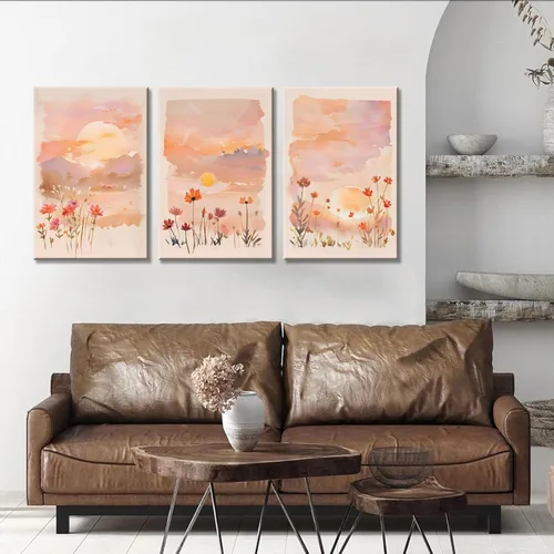 Vista 2 de Eysintum 3 paneles de arte de pared de atardecer rubor, impresiones en lienzo floral en acuarela, arte de paisaje de flores silvestres, decoración