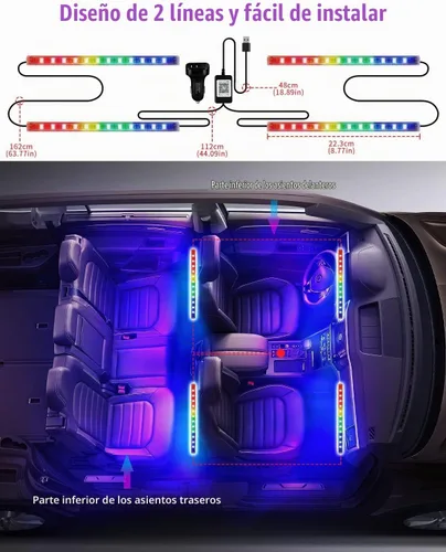 Vista 5 de YM E-Bright - Luces LED para interior de coche, 2 líneas RGBIC App Remote Music Sync App and remote control add multicolor music-sync lighting